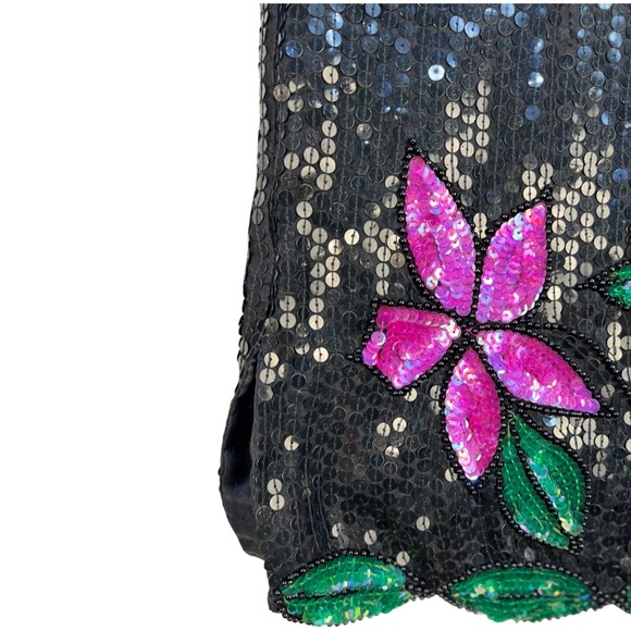 Vintage Sequin and Beaded Top, Black sequin with Hot Pink Flowers, Kelly Green - Picture 10 of 10